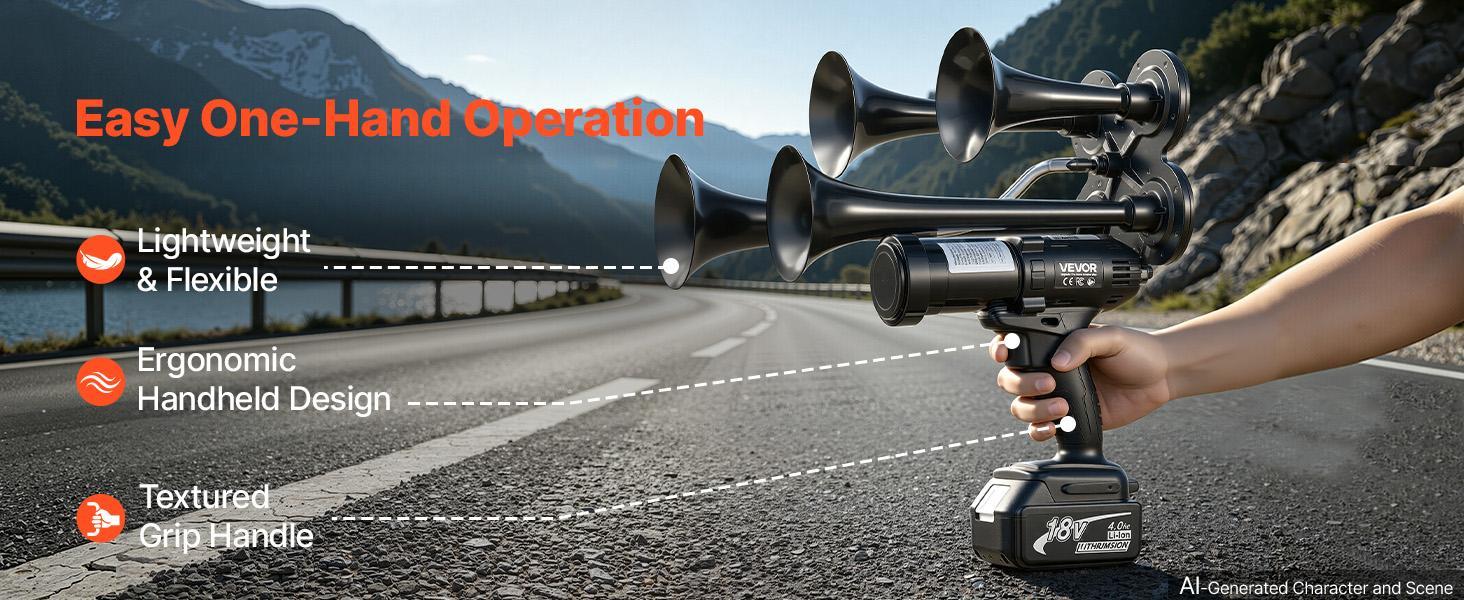 【BackToSchool】VEVOR Cordless 4-Trumpet Air Horn 130dB Train Air Horn & Built-in Air Pump, 18V 4Ah Lithium Battery, Powerful Sound, Strong Penetration, Handheld Portable for Vehicle Alerts, Holiday & Sporting Events