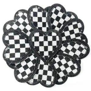 10Pcs Black Sequin Heart Embroidered Applique Iron On Patches Checkerboard Cute DIY Project Accessories for Clothing Jackets Checkered Durable