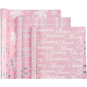 Christmas Wrapping Paper Roll - Mini Roll - 3 Rolls - 17 Inch X 120 Inch Per Roll - Pink with  Metallic Foil Snowflake, Plaid, Merry Christmas Lettering