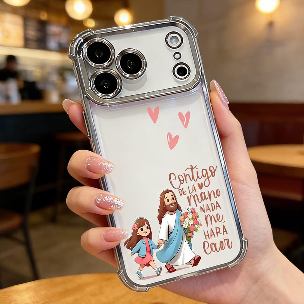 Contigo De La Mano Nada Me Hará Caer Jesus & Girl Phone Case for iPhone 11 12 13 14 15 16 17 Pro Max Plus Air, Christian Faith Rose Gold Clear Shockproof Cover, Religious Gift for Women Girls DDSJ260404012