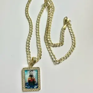 La Santa Muerte Neckles Cuban Chain 24” Gold Plated with Pendant Featuring Santa Muerte Design