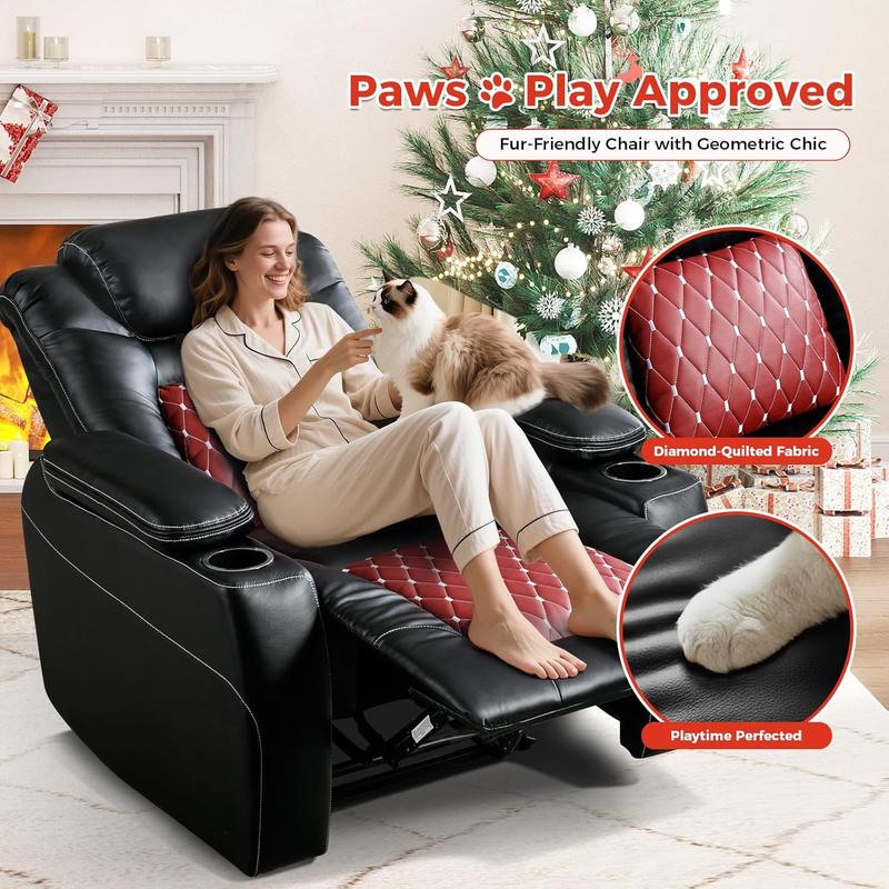 Electric Power Recliner Chair | Adjustable Headrest + USB Ports + Cup Holders + Hidden Storage (Black/Red)