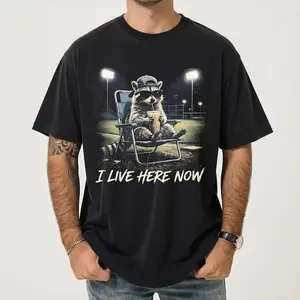 Comfort Colors® Raccoon I Live Here Now Shirt, Funny Softball Mama Tee, Raccoon Drinking Iced Coffee Shirt, Ballfield Game Day Shirt