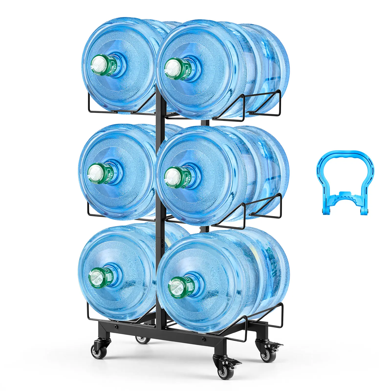 【summerfinds】VEVOR Carbon Steel Water Jug Holder, 3-Tier 2-Row Adjustable Metal Stand for 6 x 3/5 Gal Bottles, Heavy-Duty Foldable Organizer with Laser Cut Holes, Casters, Handles, 251lbs Max, for Kitchen, Office (Black)