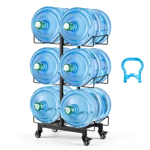 【Spotlight Day】VEVOR Water Jug Holder, 3 Tiers Double Rows 3 and 5 Gallon Water Bottle Holder for 6 Bottles, Heavy Duty Jug Rack Organizer with Casters and Handles, Foldable for Kitchen, Office, Living Room, Black
