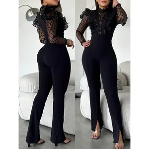 Chic polyester knit jumpsuit with contrast lace detail, stand collar, flared legs, and side slit — 97% polyester, 3% elastane. Comfortable fashion | Elegant mesh detailing | Intricate lace detail women’s overalls (lightweight).