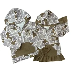 Trendy Hunting Camo Hoodie with Dog Embroidery  Matching  Clothes for Boys & Girls Kids' Street Fashion sweatshirt