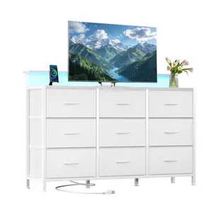 9-Drawer Fabric Dresser TV Stand, Multifunctional Storage Cabinet with Power Outlets & LED Light, White