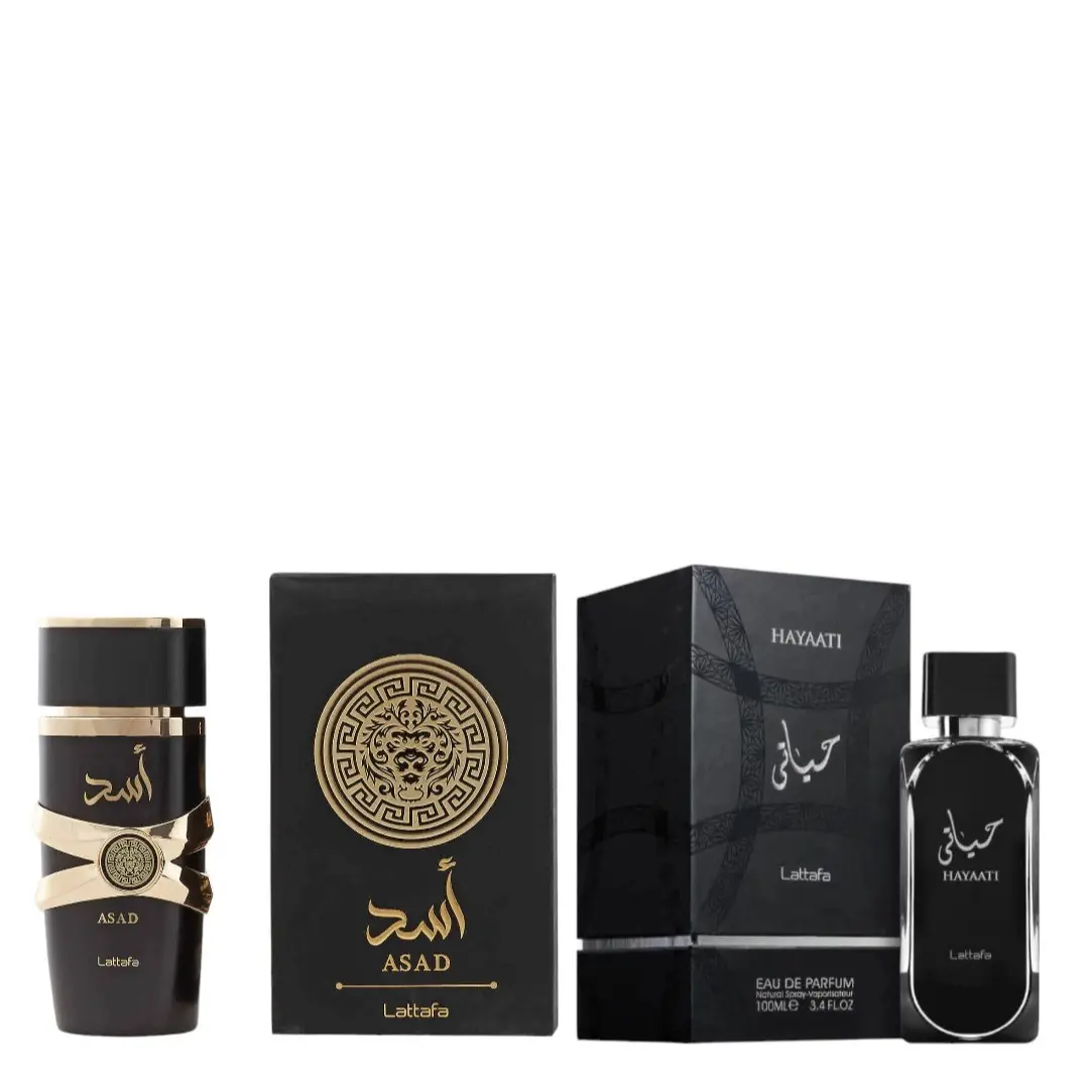 Lattafa Asad + Hayaati Black Fragrance Duo, Men's EDP Fragrance Multi-Pack, 3.4 oz Spray Per Bottle, Alcohol Base, Notes: Black Pepper-Pineapple, Fruity-Cinnamon