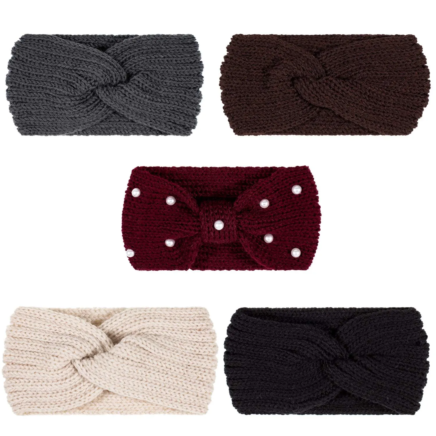 5 Pieces Winter Knit Headbands Chunky Knit Headbands,4 Elastic Turban Head Wraps and 1 Pearl Crochet Hair Band, Ear Warmer Crochet Head Wraps for Women Girls (Autumn&Winter Colors)