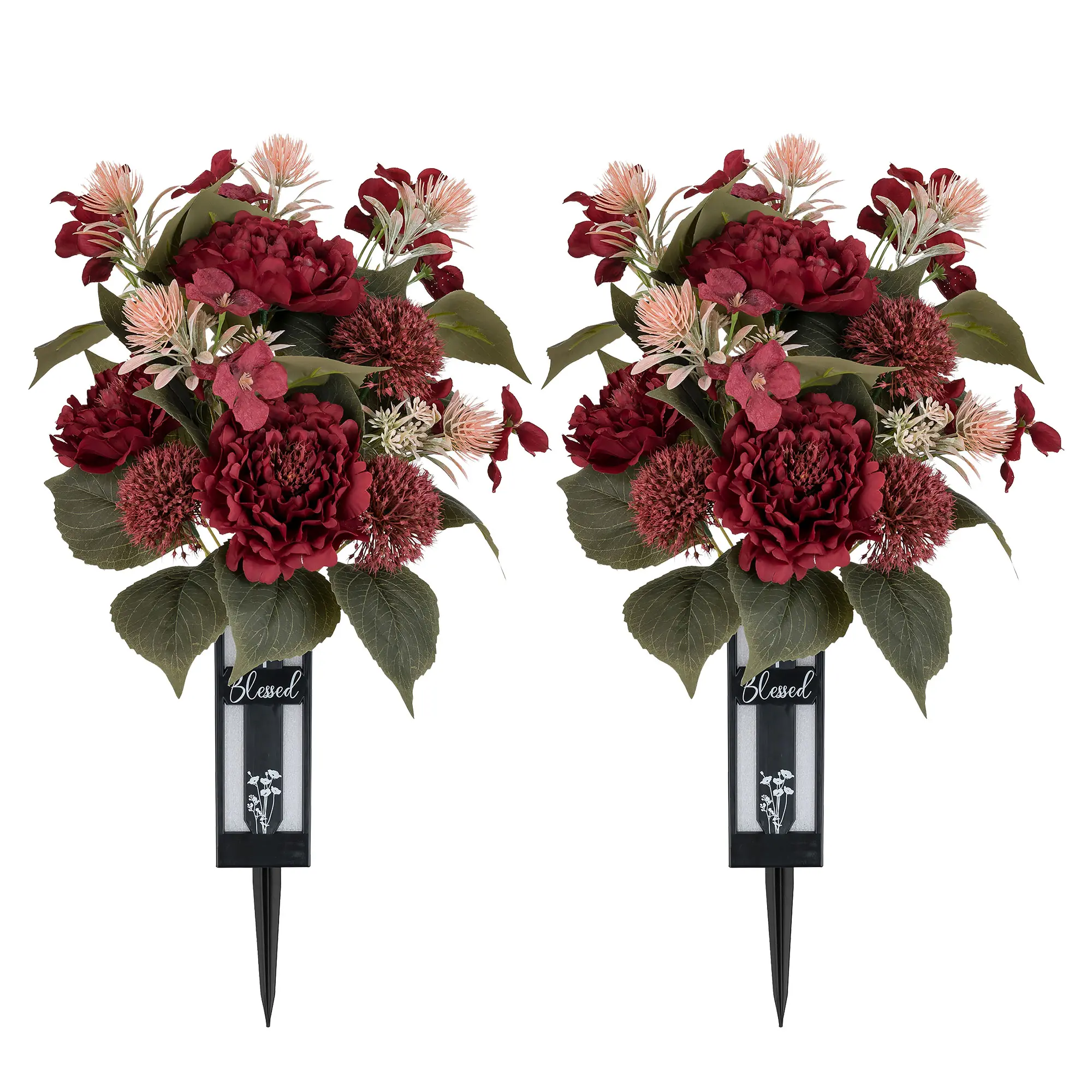 Cemetery Flowers for Grave: 2 Pcs Grave Flower Bouquets for Cemetery Decorations Spring Summer Outdoor Gravesite Flowers with Vase Peony Camellia summerwins