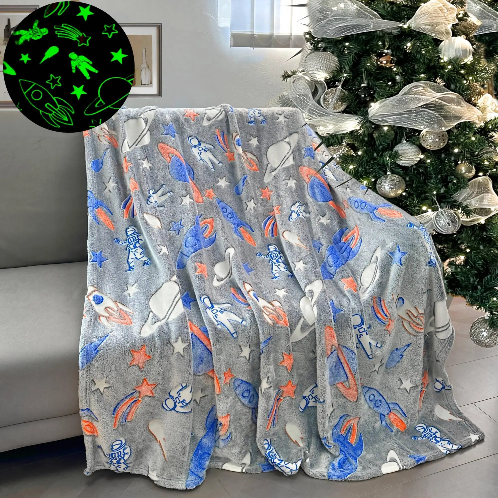 Breathable Fluffy Cartoon Print Sleeping Throw Blanket, Glow in The Dark Warm Nap Blanket for Home & Office, Soft Comfy Throw Blanket, Summer Fathers