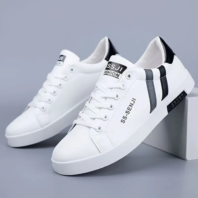 Pu Upper Sneakers |     Men's SS Sneakers - Breathable White & Black Striped Upper, Durable PVC Sole, Lace-Up Low Top Fashion Shoes with EVA Insole, Ideal for Casual Wear