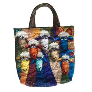 Women's Vibrant Patchwork Sheep Quilted Tote Bag, Lightweight Large-Capacity Boho Organiser, Farm Animal Storage Bag for Daily Shopping Market Carryall