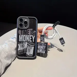 TPU iPhone Protective Case Set with Dollar Pattern, 5-Piece Includes Charger Head Sleeve, Cable Protector & Storage Straps, Compatible with iPhone 15/15 Plus/15 Pro/15 Pro Max & 11/12/13/14/16/16 Pro Max