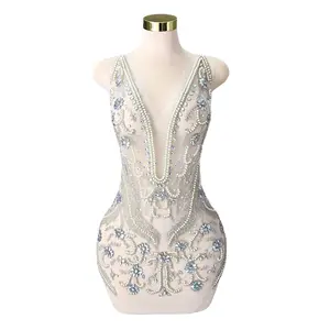 Handmade Luxury Crystal Beaded Applique Bodice for Bridal Prom Dress Decoration Embroidered Mesh Tulle V Neck Elegant Clothing Accessories Custom Formal Evening Wear