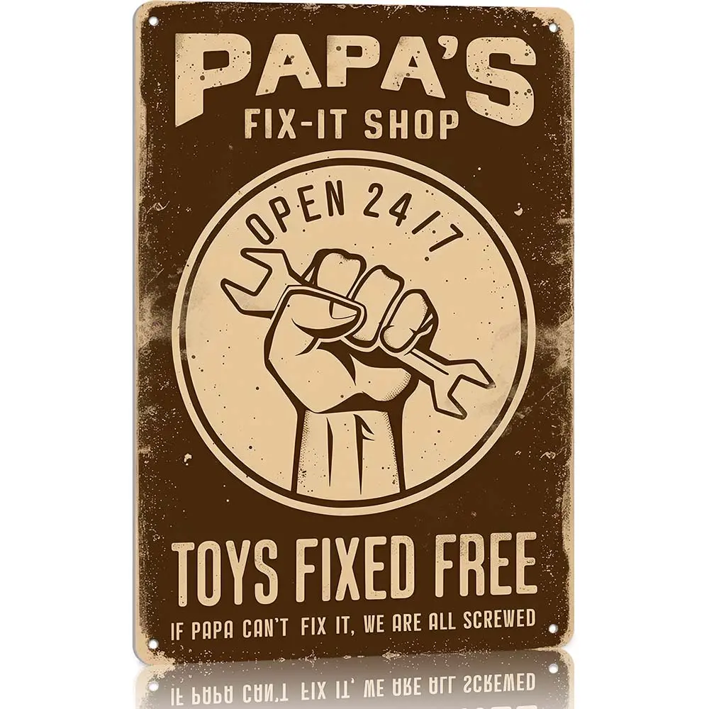 Papas Fix It Shop Metal Sign, Toys Fixed Free Vintage Wall Decor for Garage, Perfect Fathers Day Gift for Grandpa from Grandkids Humorous Workshop Garage Metal Art Rustic Handyman Workshop Man Cave Wall Decor