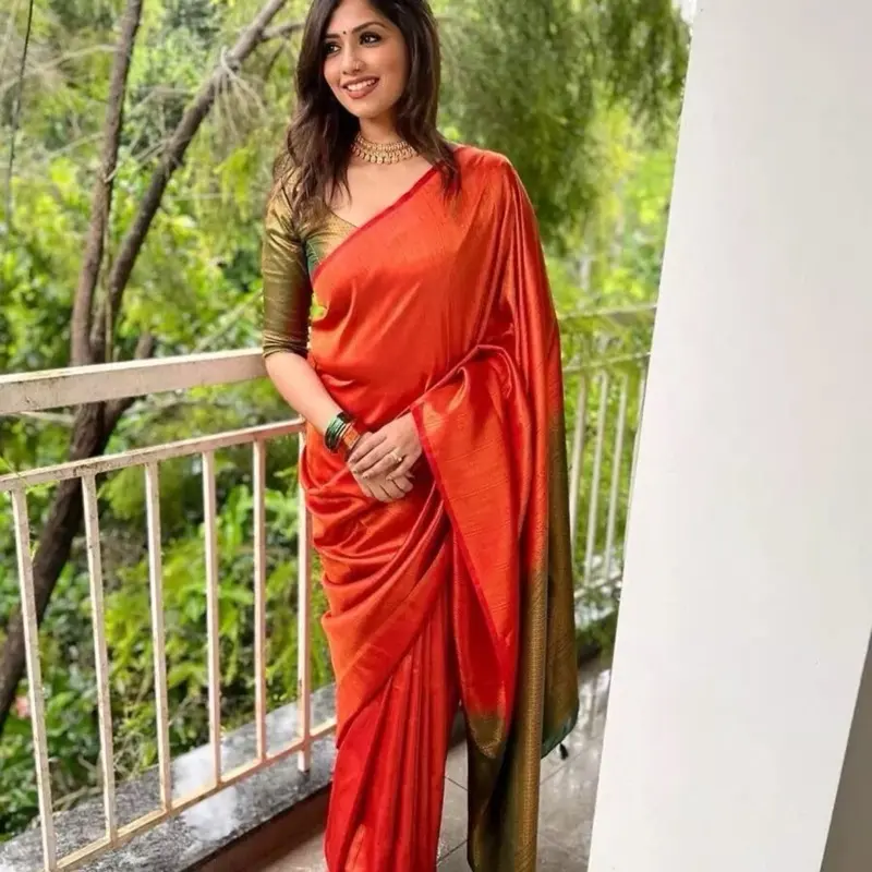 INDIAN FANCY BANARASI SILK ZARI WEAVING WORK SAREE WITH UNSTITCHED BLOUSE ORANGE