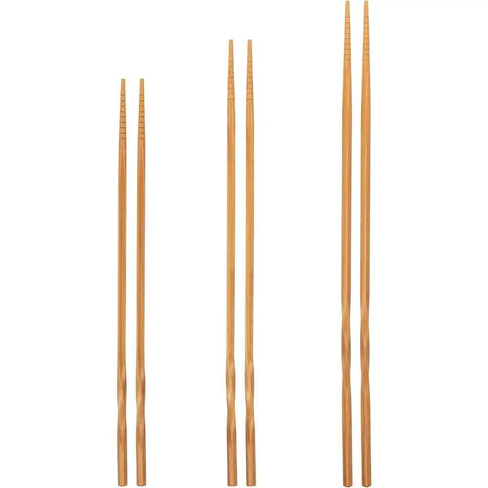 Polished Bamboo Reusable Traditional Chopsticks Set - 3 Pairs of 3 Sizes (11.8in,13in,14.2in) Durable Extra-Long Eco-Friendly Brown Kitchen Cutlery, Heat-Resistant for Wok, Noodle, Grilling, Cooking, Asian Restaurants