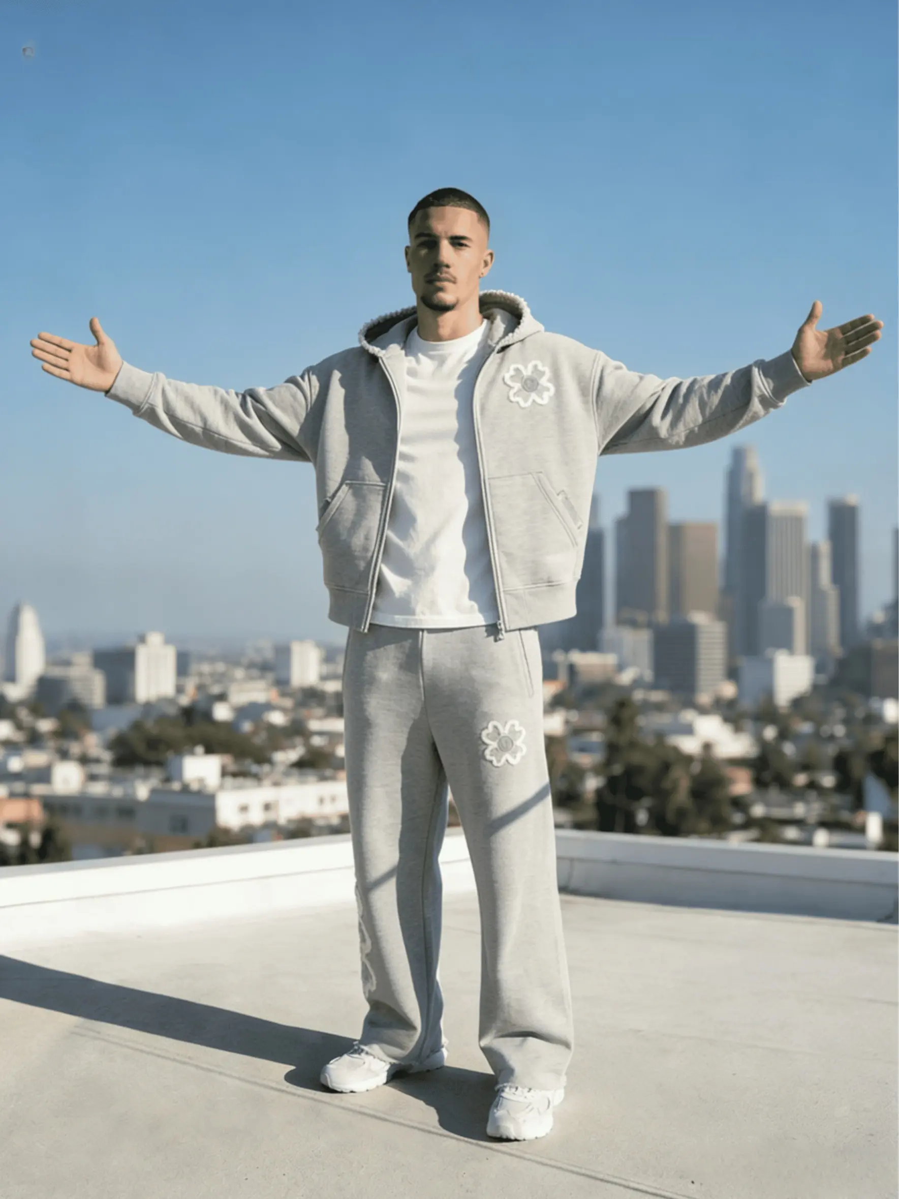TikTok Viral Men's Tracksuit, Flower Embroidery Zip Up Hoodie & Baggy Sweatpants, Y2K Streetwear 2 Piece Set for Skate, Gym & Daily Wear