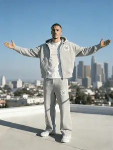 TikTok Viral Men's Tracksuit, Flower Embroidery Zip Up Hoodie & Baggy Sweatpants, Y2K Streetwear 2 Piece Set for Skate, Gym & Daily Wear