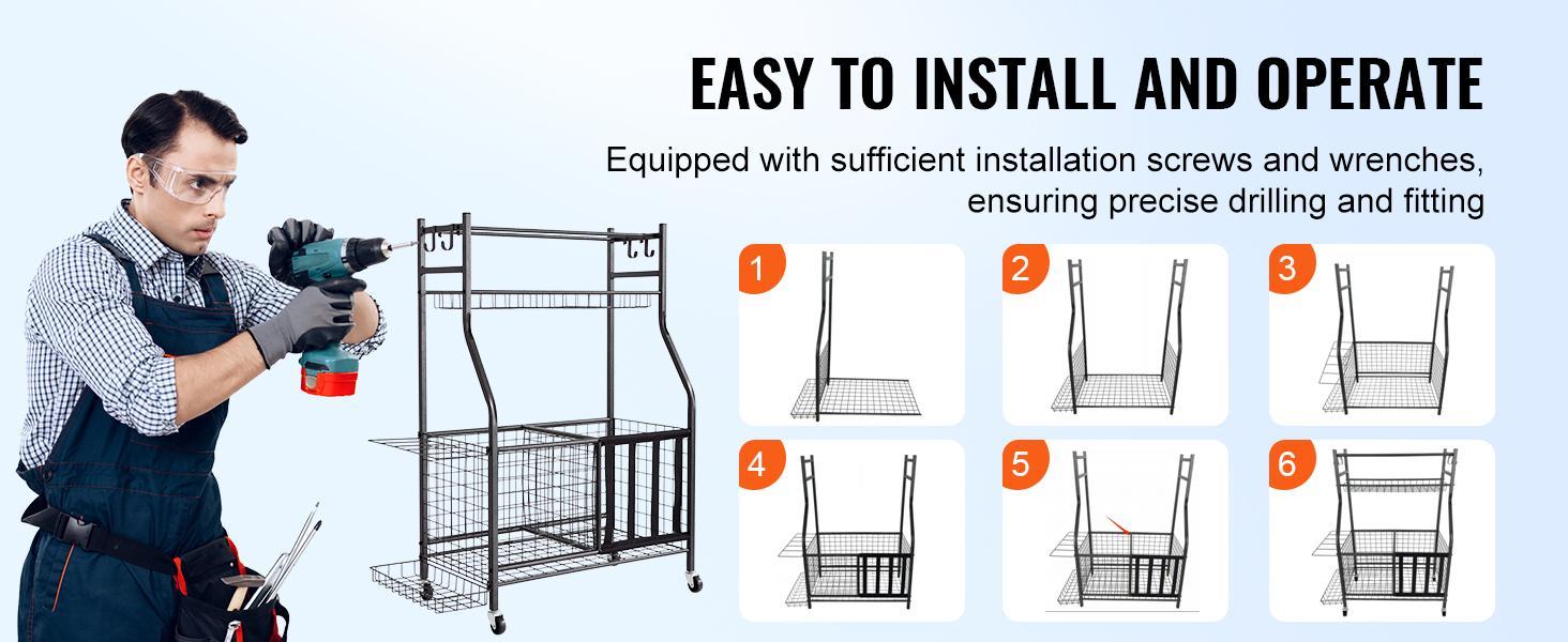 VEVOR Ball Sports Equipment  Garage Organizer, TikTokShopBlackFriday, Rolling Ball Storage Cart on Wheels, Basketball Rack with Baskets & Hooks, Indoor/Outdoor Sports Gear and Toys Storage, Steel Sports Equipment Organizer
