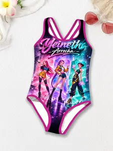 Girls Kpop Series One-Piece Swimsuit, 3D Random Print Fashion Swimwear, Cute Cross-Back Straps, Beach Vacation New Arrival