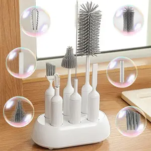Kitchen Cleaning Brush Set with Storage Base, 1 Box 6 in 1 Cup Brush Set, Reusable Cup Cleaning Tool, Drinkware Accessories for Home Kitchen