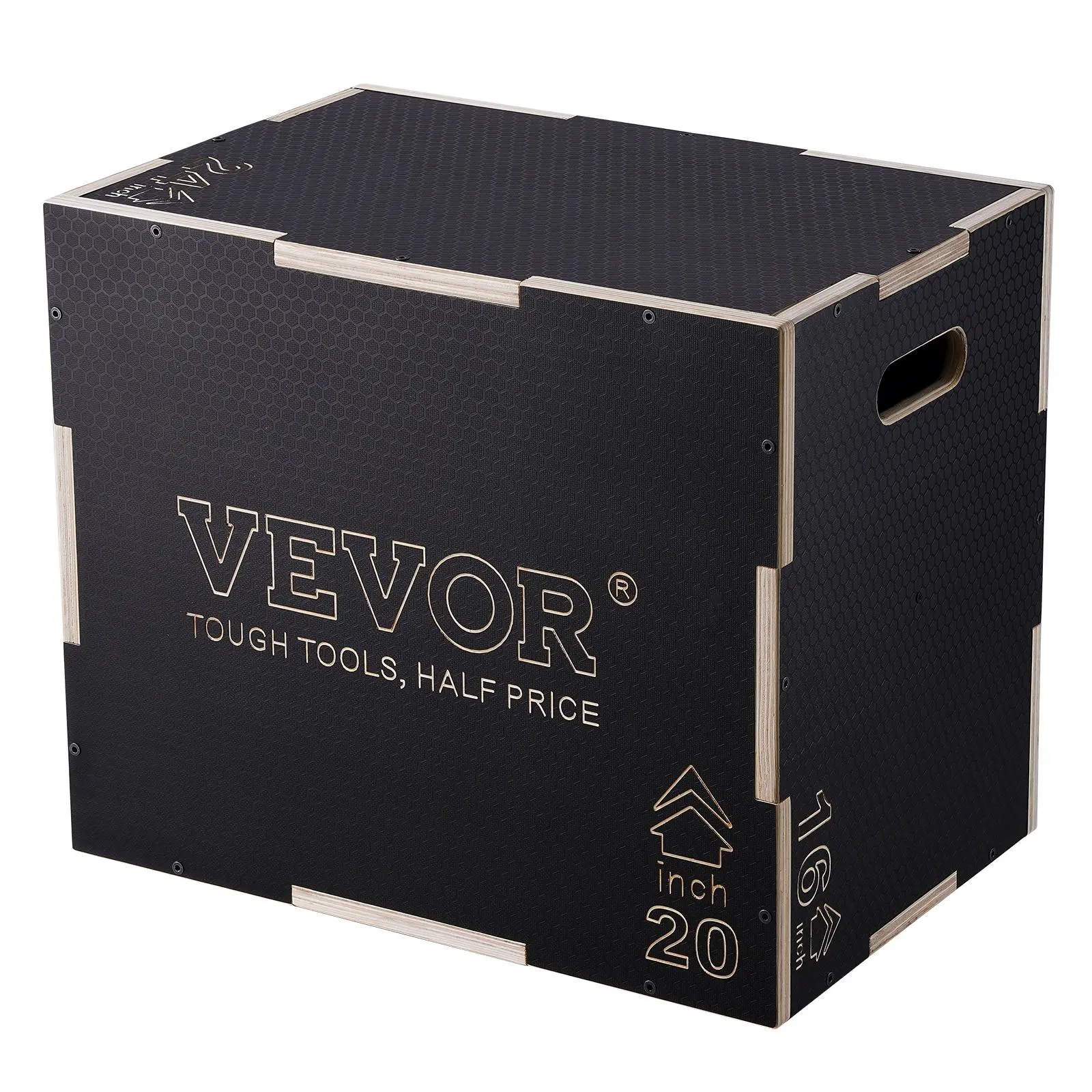 VEVOR Unisex Sturdy Wooden Plyometric Box - Home Gym Equipment with 3 Adjustable Heights (24in,20in,16in), Anti-Slip Honeycomb Top, 450 lbs Weight Capacity, Carry Handles, Easy to Assemble, Enhances Arms for Core Stability Box Jumps Training