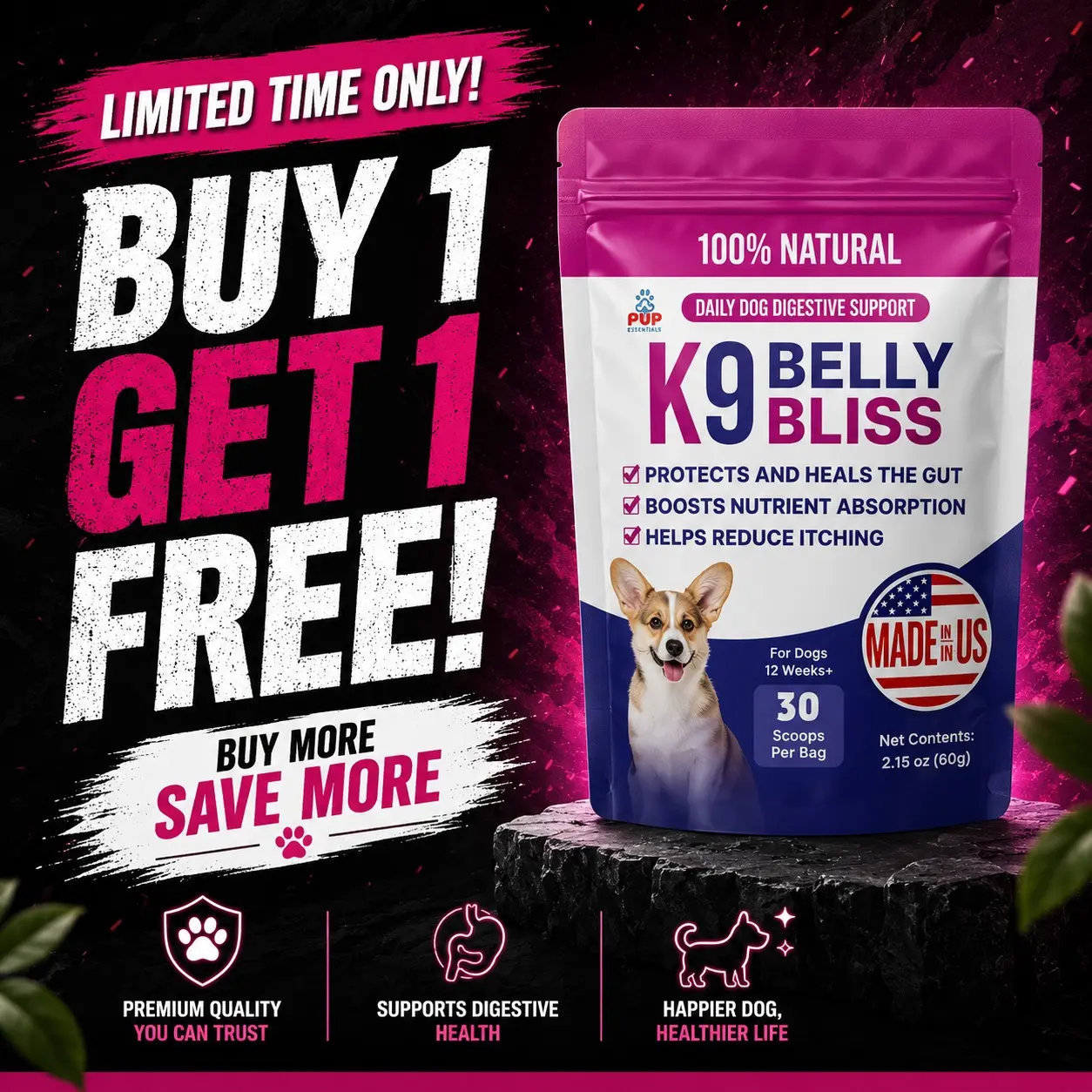 Pup Labs K9 Belly Bliss 3-Pronged Defense Dog Digestive Support with L-Glutamine N-Acetyl D Glucosamine & Prebiotics for Gut Health