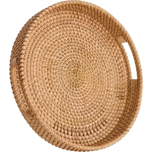 Round Rattan Serving Tray,Hand-Woven Tray with Handles, Ottoman Decorative Coffee Table Tray,Wicker Storage Basket for ,Fruit,Bread (, 13.5")