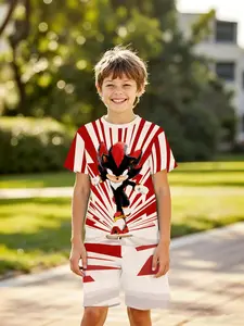 Boys' 3D Short Sleeve Set, Sonic Hedgehog Impact Wave Anime Print, Casual Summer, Outdoor Wear, Holiday Gift, Birthday Present