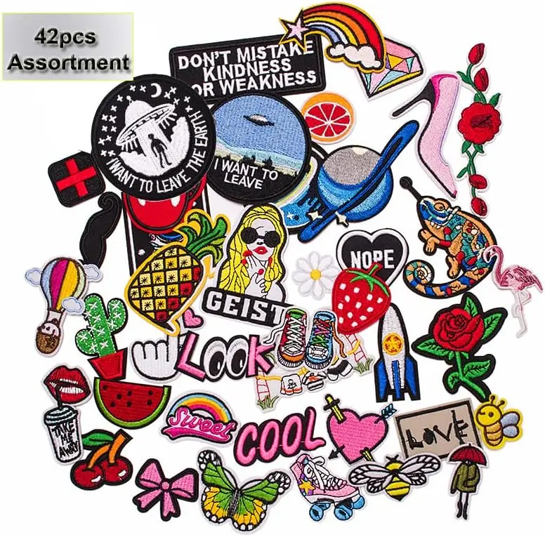 Mix Pack Assorted 42pcs Iron on Patches for Clothes Embroidery Sew on Appliques Patches for Jeans Jackets Vest Backpacks Shirt to Cover Logo Dirt Rip