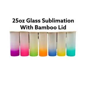 Wholesale Price Colorful 25oz Straight Sublimation Glass Can Tumbler With Bamboo Lid, Gradient Frosted Sublimation Glass Water Bottles 25oz, 25oz Sublimation blank frosted glass Ombre gradient Tumblers Water Bottle, Multi color, Gift for her