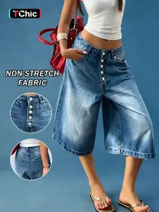 Women's Light Blue Washed Multi-Button Denim Wide Leg Mid-Waist Capri Pants Loose Fit Vintage Distressed Straight Seven-Eighths Jeans classic straight leg comfort stretch everyday essential modern fit