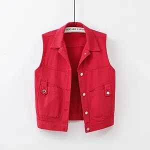 Women’s Red Denim Cowboy Waistcoat/Vest – 2025 Spring/Autumn New Arrival, Sleeveless, Short Jacket Style, Casual Outerwear