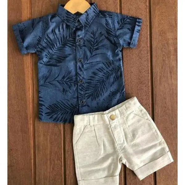 Baby Boys Summer Clothes Set Short Sleeve Lapel Leaves Print Button Shirt+Solid Color Shorts Kids 2Pcs Casual Outfits