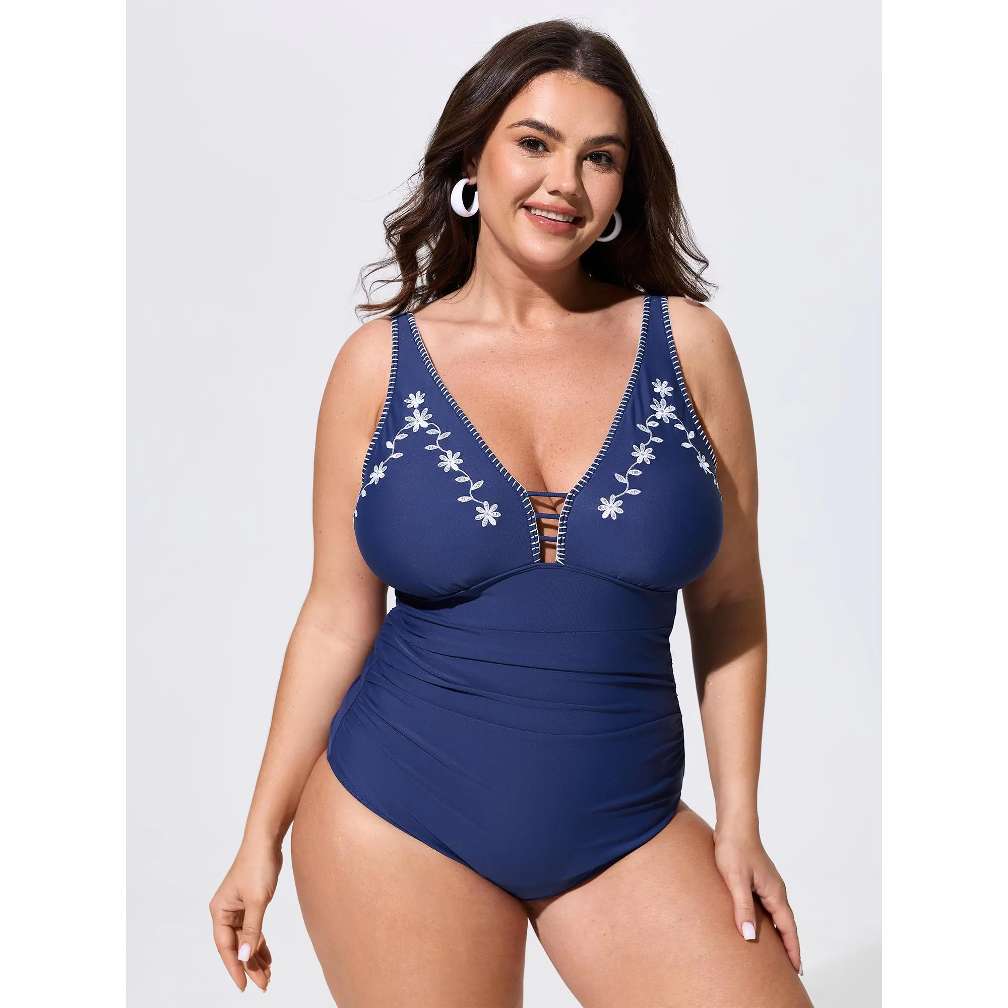 BLOOMCHIC Plus Size Floral Embroidered V-Neckline One-Piece Swim[M-6X] ,Summerfinds