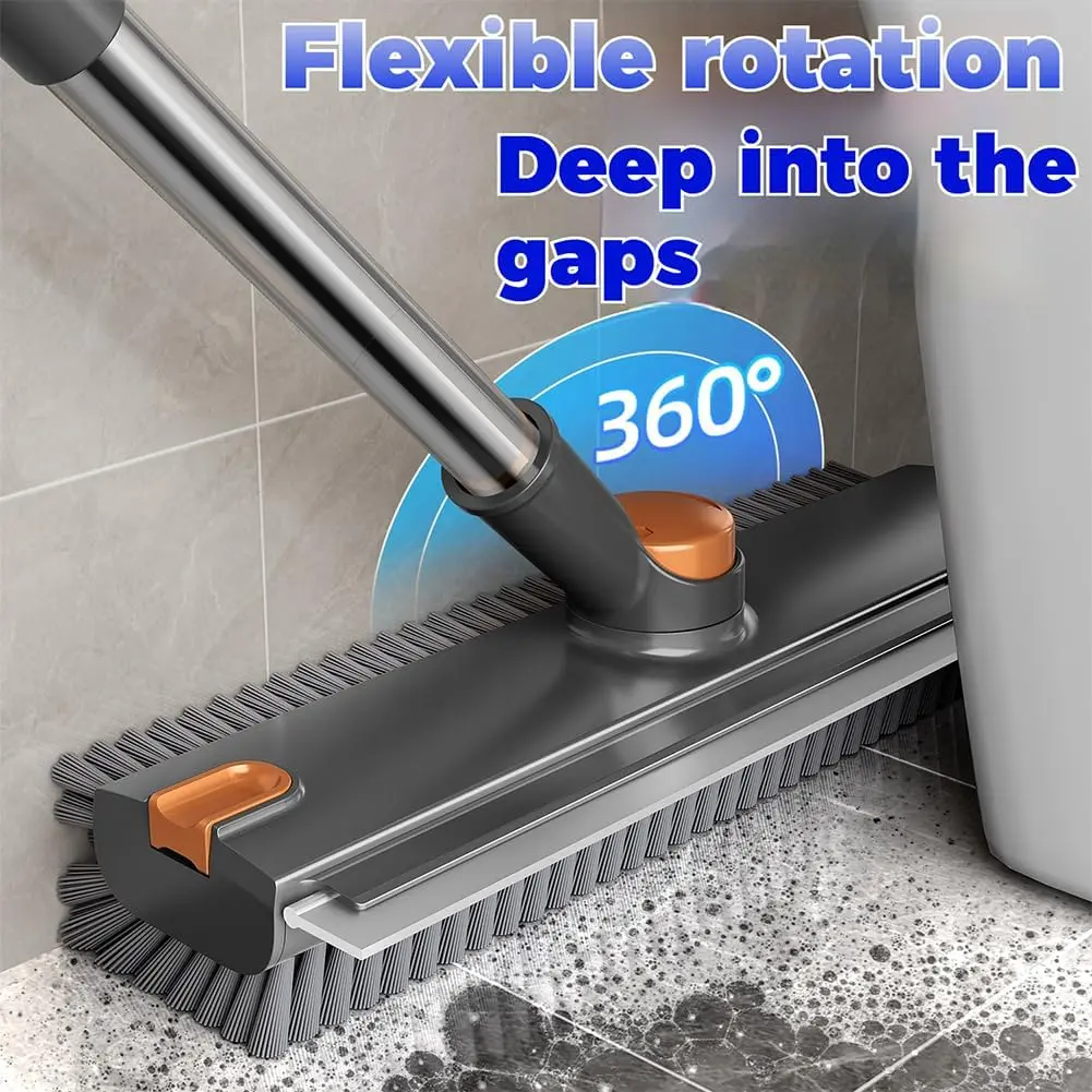 3-in-1 Multifunctional Floor Scrub Brush Rotating Broom + Squeegee Mops - Stainless Steel Long Adjustable Sturdy Handle, Stiff PVC Bristles, Built-in Scraper, Easy-Use Mop Replacement Pads for Bathroom Tile, Pool, Pavement