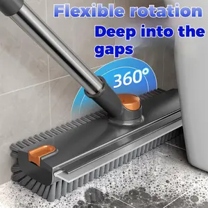 3-in-1 Floor Scrub Brush with Long Adjustable Handle, Stiff Bristles, Built-in Squeegee & Scraper for Bathroom, Kitchen, Patio, Garage, Tile & Deck Cleaning, Heavy Duty, Easy Use Mop Replacement Pads Two-in-One Thickened Broom Rubber Flexible 360 wash