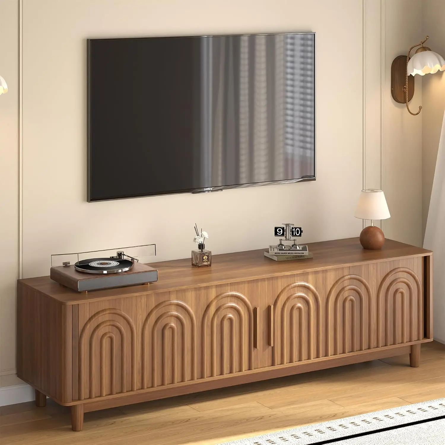 TV Stand with Sliding Doors, Media Console for TVs up to 70'' | Mid Century Modern Enterainment Center,TV Console w/ Storage, Arch Fluted Panel Desgin,Media Furniture for Living Room,Walnut