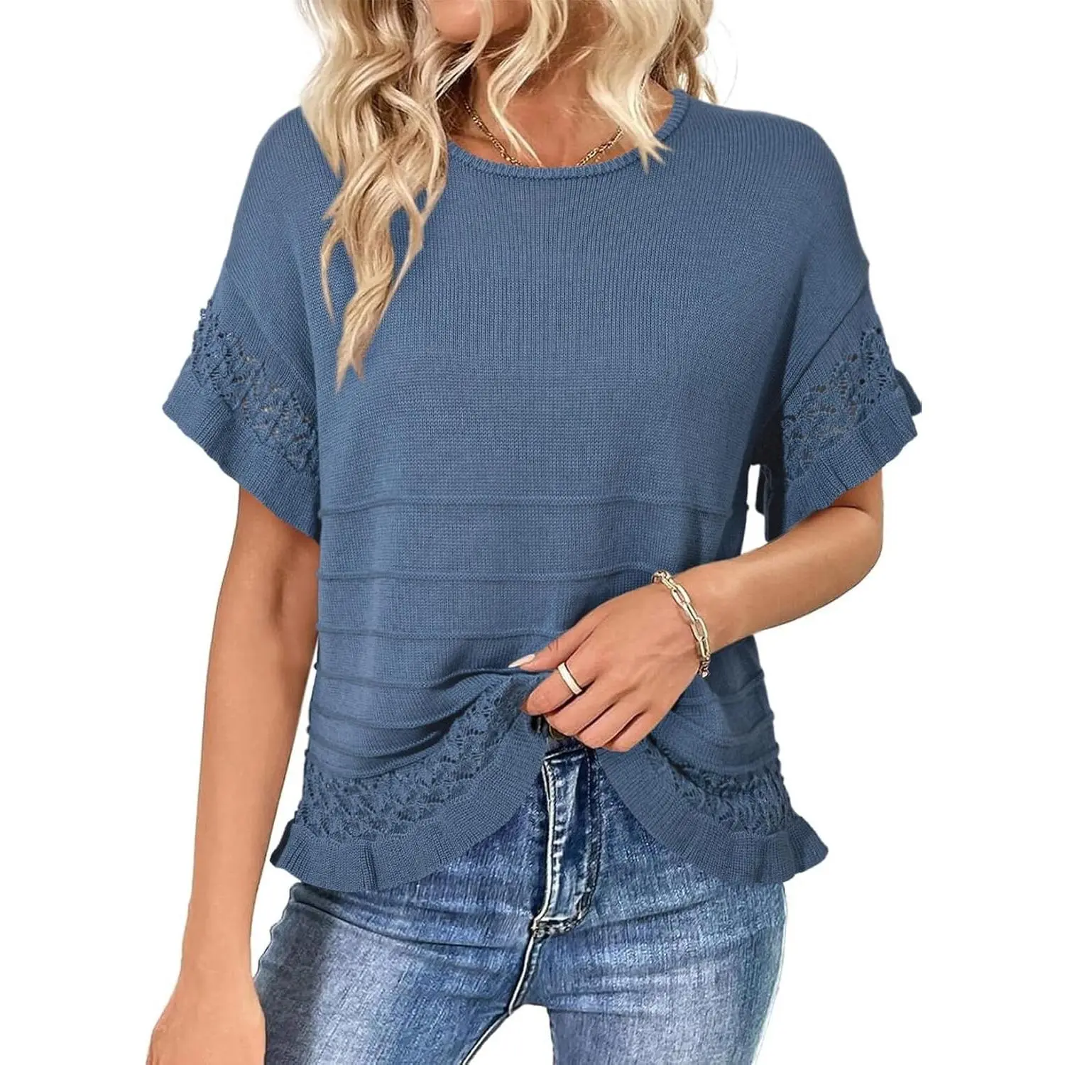 Women’s Short Sleeve Sweaters Tops Oversized Summer Casual Ruffled Hem Knit Pullover Cute Solid Color Crochet Blouses
