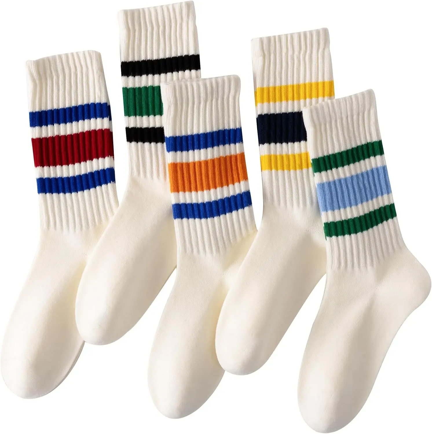 Seamless Striped Cotton Crew Socks - 5 Pairs Everyday Athletic Socks for Women, Fits Sportswear & Outdoor Casual Comfort, Light