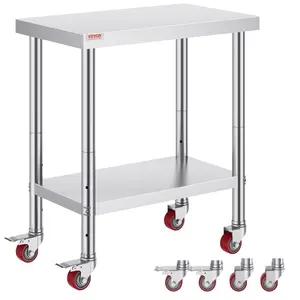 VEVOR Stainless Steel Work Table 30x 18x 34 Inch, 700 LBS Load Capacity with 4 Wheels, 3 Adjustable Height Levels, Heavy Duty Food Prep Worktable for Commercial Kitchen Restaurant, Silver
