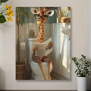 1 Piece of Fun Giraffe Bathroom Decor Canvas Art Print - 11.8x 15.7inch Waterproof Wooden Frame Wall Art, Vintage Cartoon Giraffe Reading Newspaper on Toilet, Suitable for Home and Classroom, Unique Gift Idea, Bathroom Wall Decoration|Humorous Wall Painti