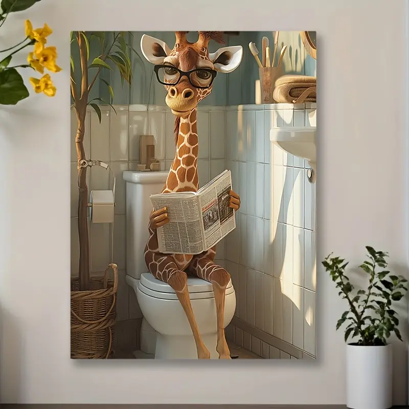 1 Piece of Fun Giraffe Bathroom Decor Canvas Art Print - 11.8x 15.7inch Waterproof Wooden Frame Wall Art, Vintage Cartoon Giraffe Reading Newspaper on Toilet, Suitable for Home and Classroom, Unique Gift Idea, Bathroom Wall Decoration|Humorous Wall Painti