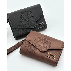 By EmJ Matte Vegan Leather Lotus Flower Trifold Wallet with Coin Pocket 10 Card Slots 2 Cash Compartments Strap