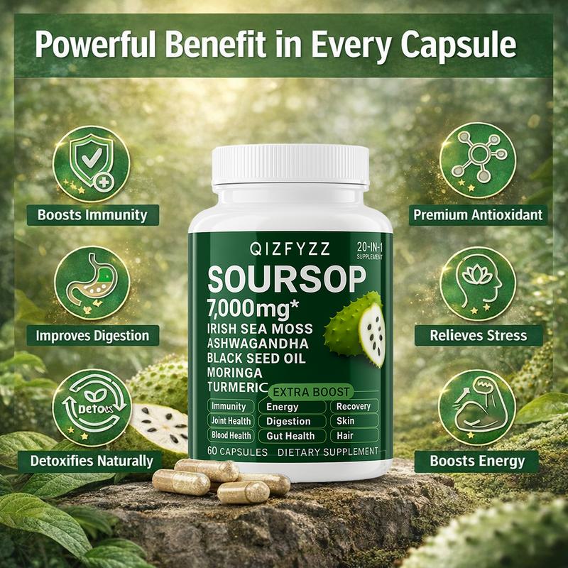 QIZFYZZ 10-in-1 Soursop Bitterness Drops & 20-in-1 Seaweed Capsules Moringa Turmeric Black Seed Ashwagandha Vegan Non-GMO Super Blend