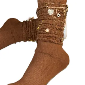 Brown Slouch Socks with Gold Charm Embellishments for Stylish Comfort