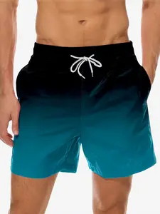 Men's 3D Print Gradient Blue Summer Beach Pants, Adjustable Drawstring Waist, Perfect for Beach and Summer Outings